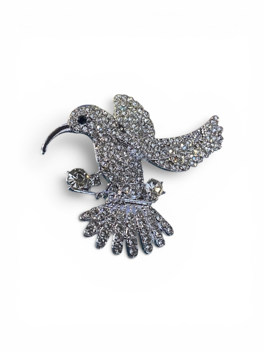 Silver Crystal Hummingbird Bird Pin Brooch - Silver